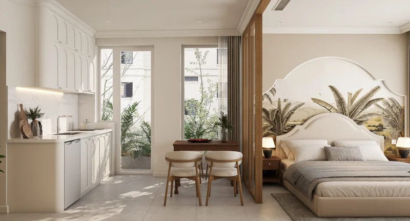 Không gian Studio tích hợp Bếp, khu vực Ăn và Nghỉ ngơi tiện nghi