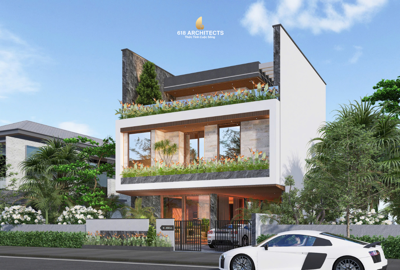 Hình khối xếp lớp và khung trắng tạo chiều sâu cho mặt tiền biệt thự hiện đại Mr. Vũ.