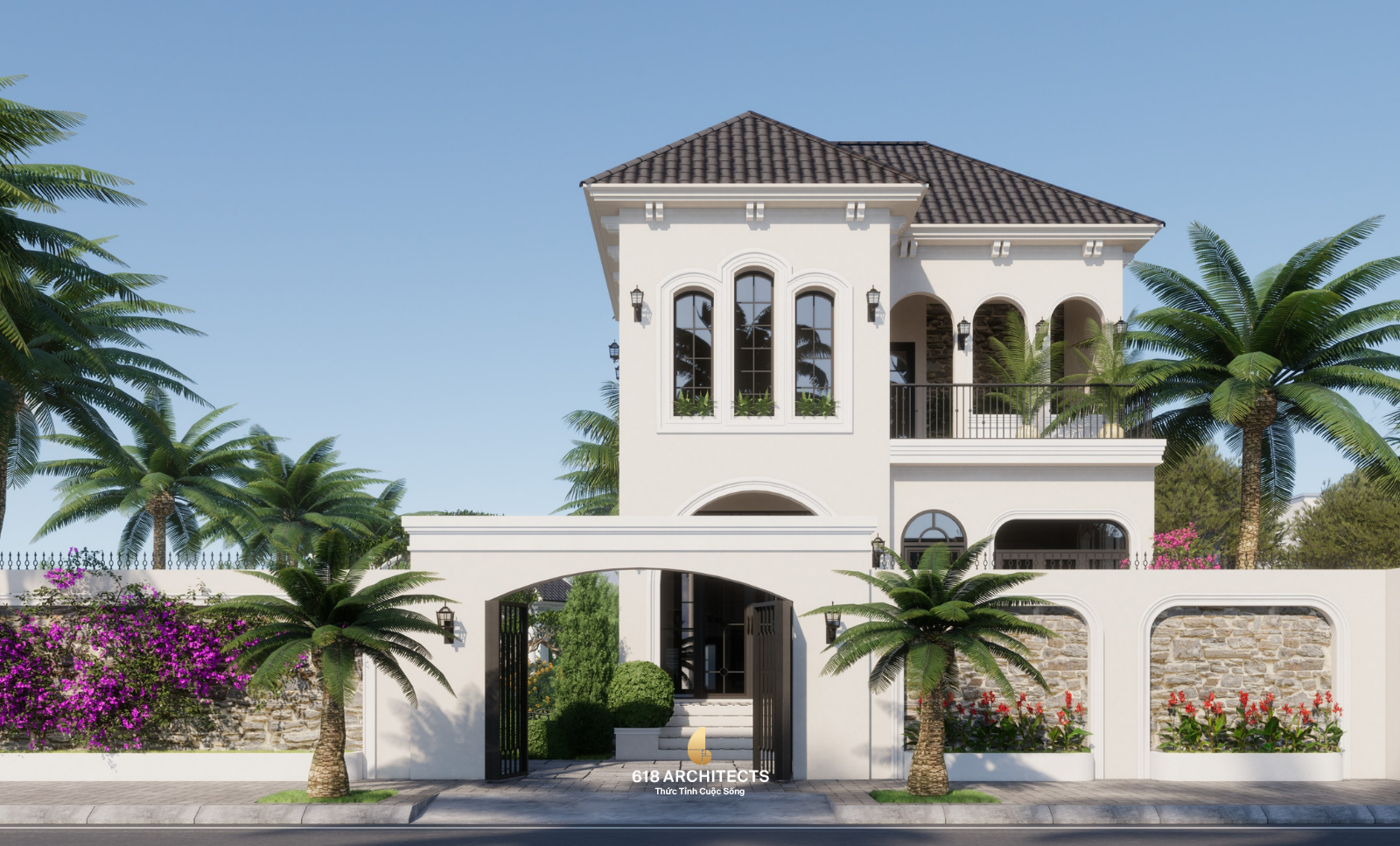 Villa Địa Trung Hải đẹp với ban công mở và không gian nghỉ dưỡng thoáng đãng.