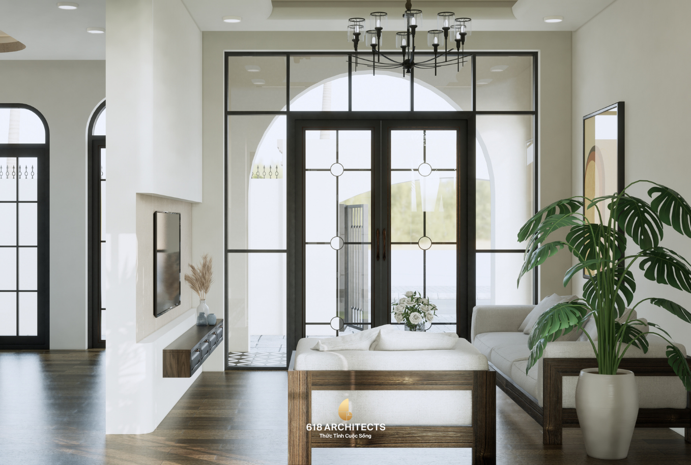 Villa phong cách Địa Trung Hải tạo ấn tượng qua các đường cong mềm mại, mái ngói, vòm cửa và gam màu sáng