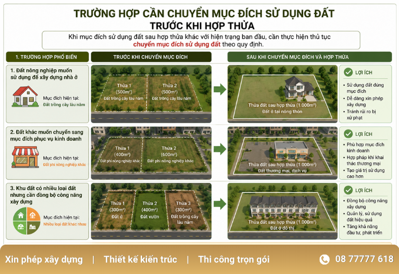 Trường hợp nào cần chuyển mục đích sử dụng đất trước khi hợp thửa?