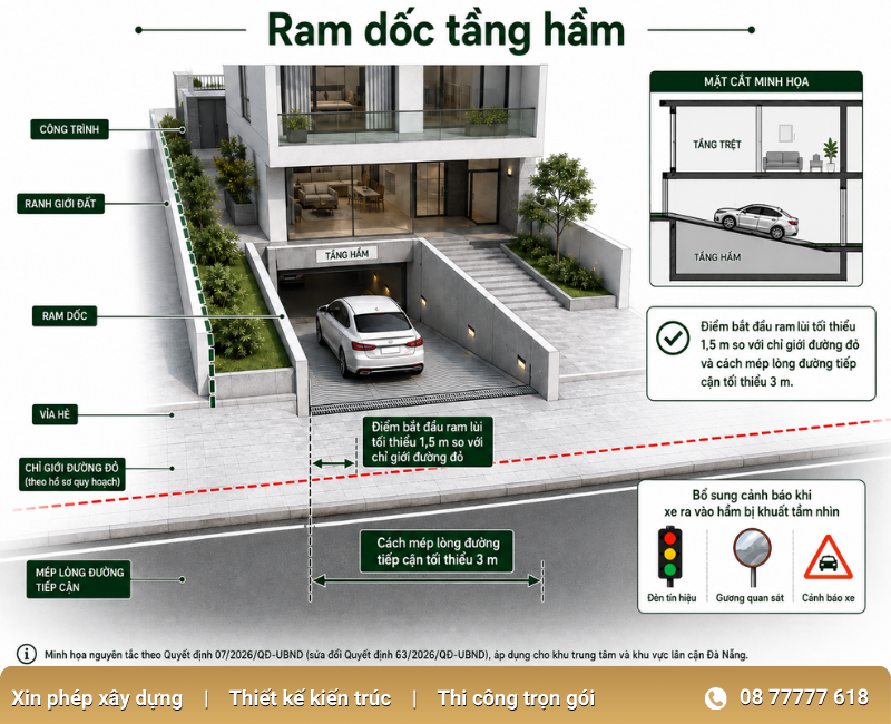 Yêu cầu về vị trí và khoảng cách an toàn của ram dốc tầng hầm.