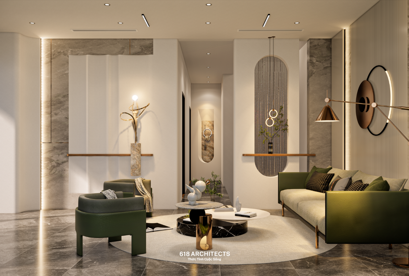 Đá vân tự nhiên, gỗ và kim loại ánh vàng tạo chiều sâu cho không gian nội thất luxury.