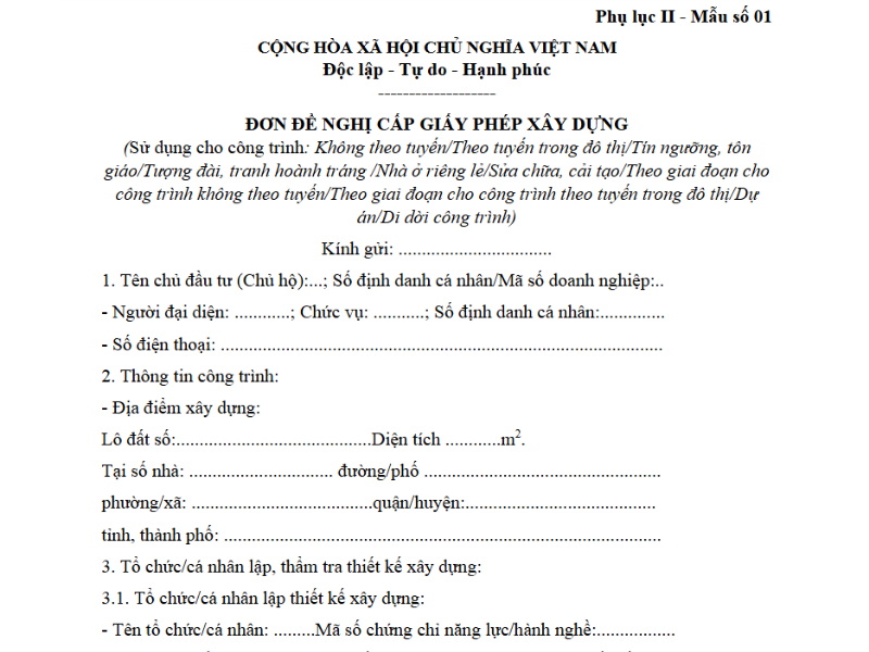 Mẫu đơn đề nghị cấp giấy phép xây dựng.