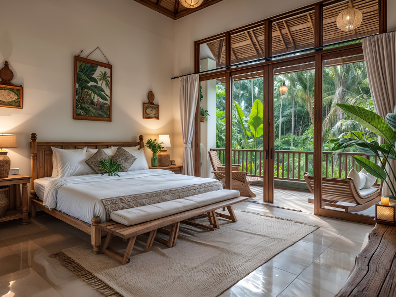 Phòng ngủ homestay vintage với nội thất gỗ và view sân vườn xanh mát.