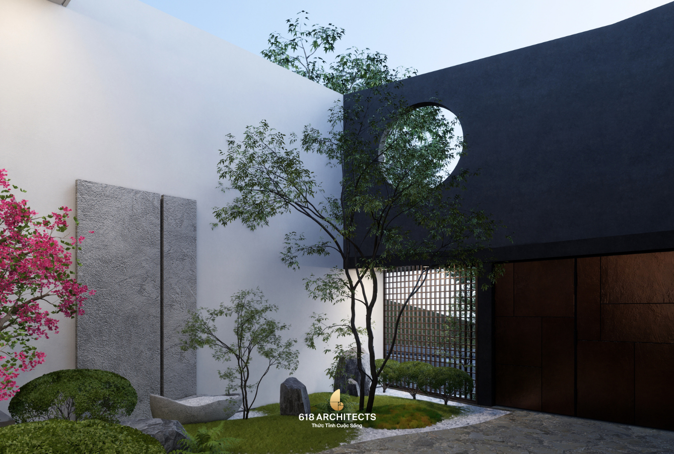 Thiết kế lối tiếp cận villa đẹp với vật liệu tự nhiên và khoảng đệm xanh.