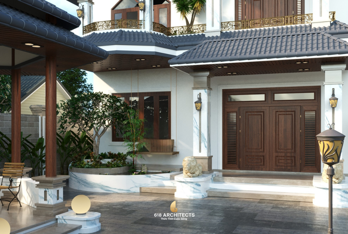 Villa tân cổ điển nổi bật với bố cục mặt đứng cân đối và hệ chi tiết có tính chọn lọc