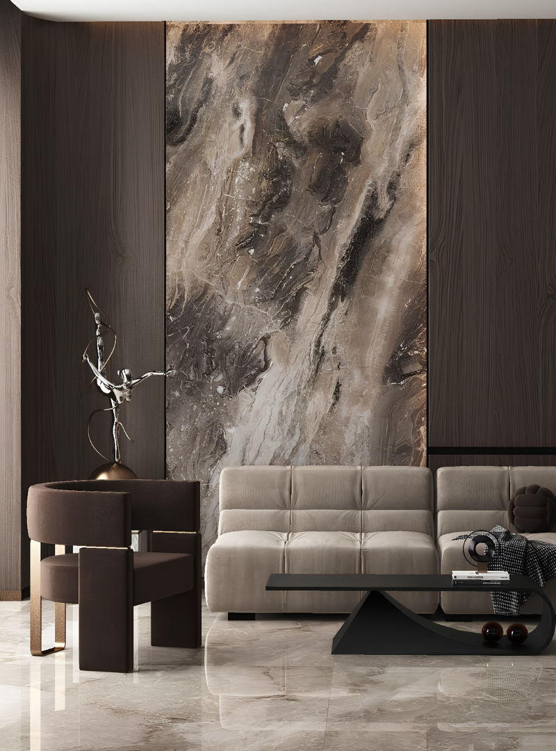 Vách đá marble khổ lớn tạo điểm nhấn sang trọng cho phòng khách.