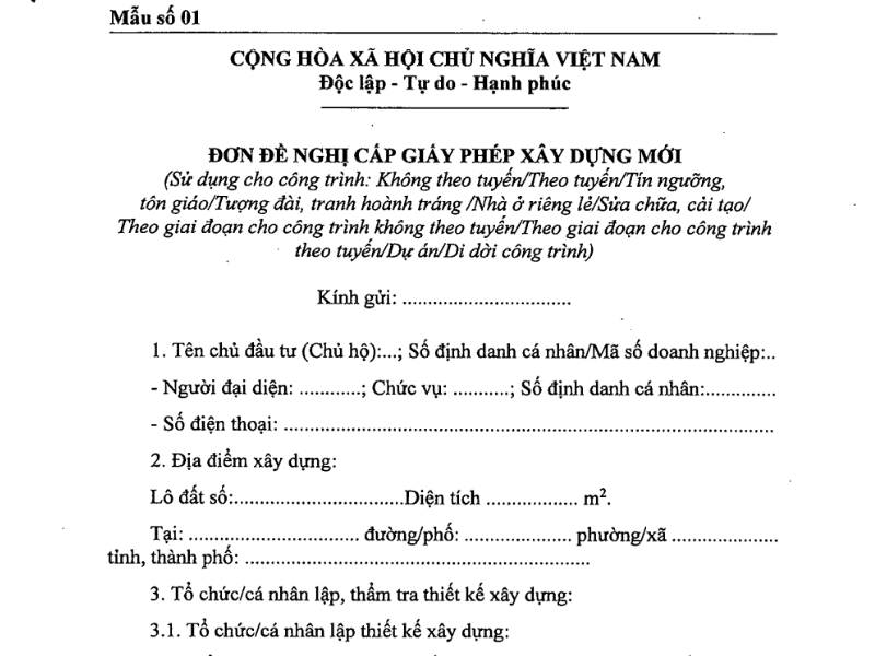 Mẫu đơn đề nghị cấp giấy phép sửa chữa cải tạo nhà ở