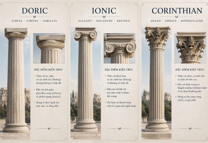 Đặc điểm và sự khác nhau giữa 3 thức cột Doric, Ionic, Corinthian trong kiến trúc Hy Lạp cổ đại.