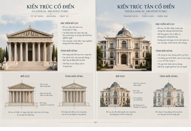 Phân tích đặc điểm phong cách kiến trúc cổ điển và Tân cổ điển theo từng tiêu chí